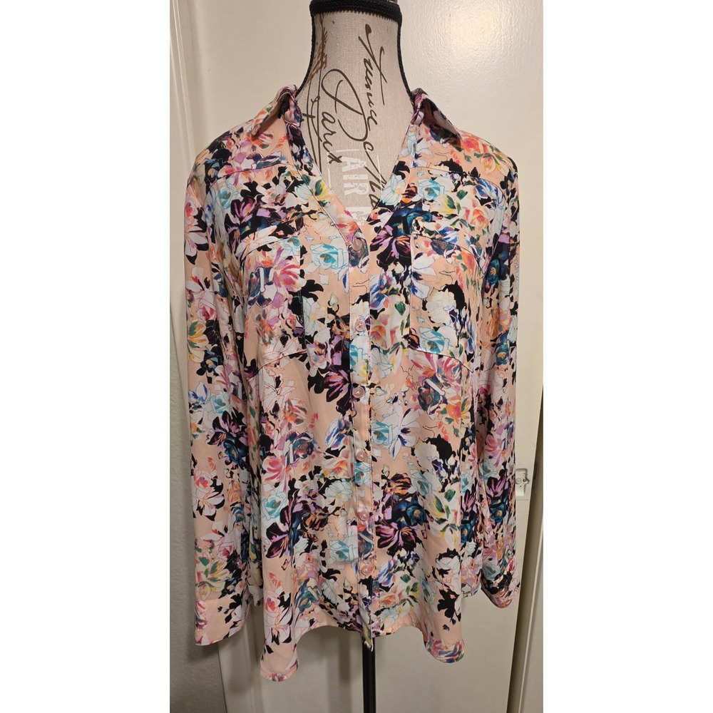 Express The Portofino Shirt Size Med Peach Floral Button Down Roll Tab Sleeve